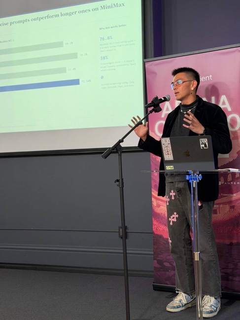 Leon Liu presenting his OfficeQA results at Sentient Arena Demo Day